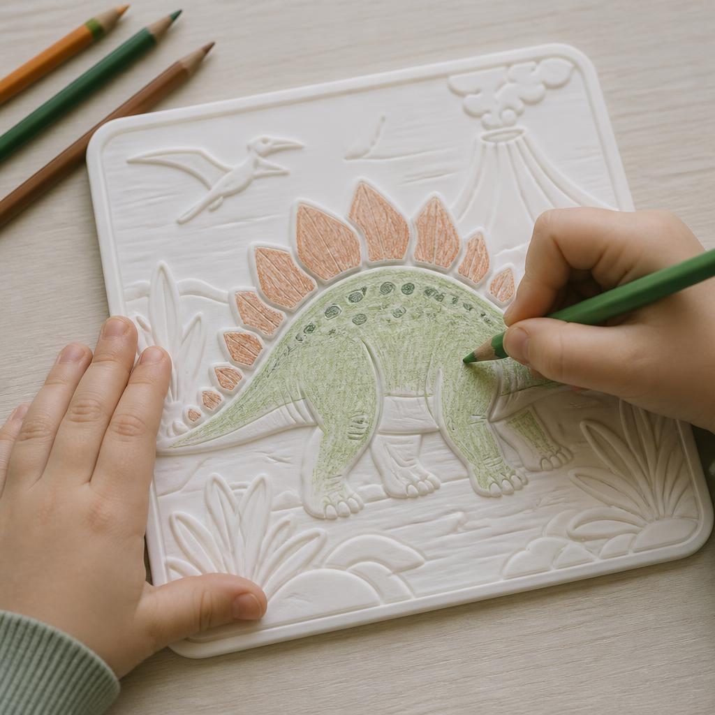 Plaquinha 3D para colorir sendo pintada por uma criança
